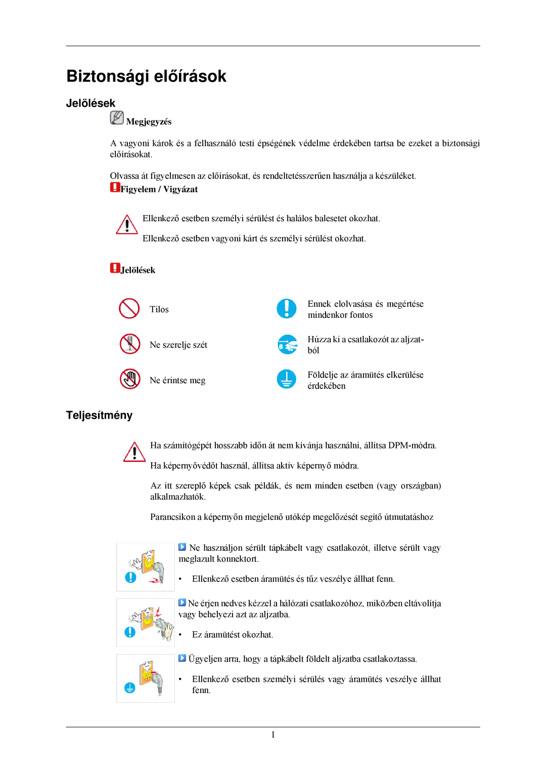 Samsung LS24MYNKBBA/EN, LS24MYNKBB/EDC manual Biztonsági előírások, Jelölések, Teljesítmény 