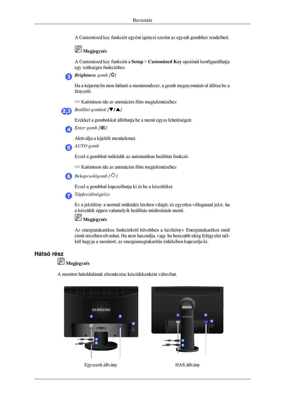 Samsung LS24MYNKBB/EDC, LS24MYNKBBA/EN manual Hátsó rész, Brightness gomb 