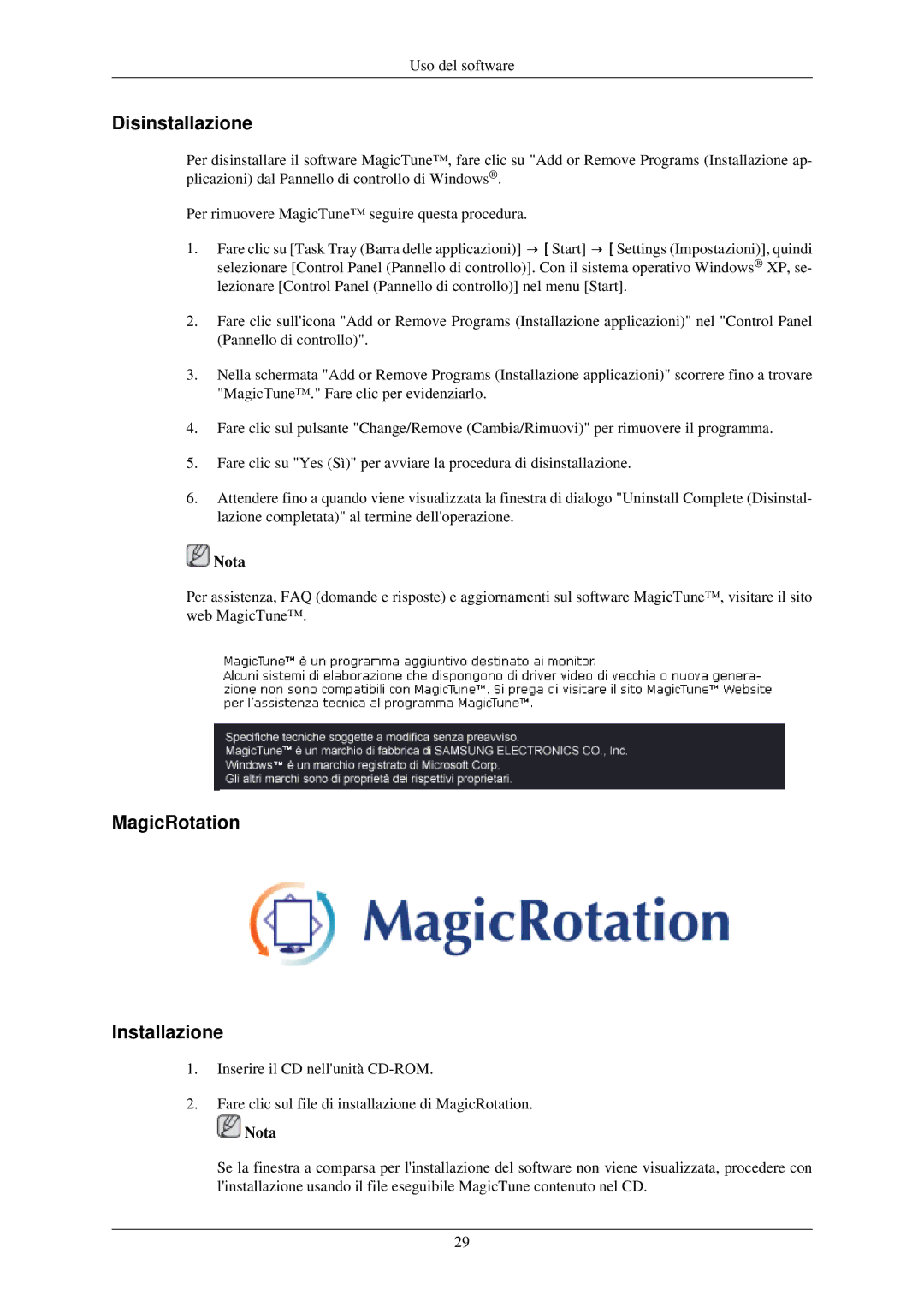 Samsung LS24MYNKBB/EDC manual Disinstallazione, MagicRotation Installazione 