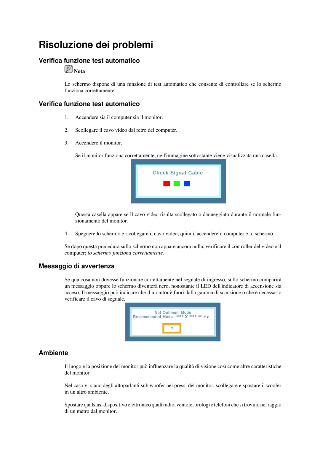 Samsung LS24MYNKBB/EDC manual Verifica funzione test automatico, Messaggio di avvertenza, Ambiente 