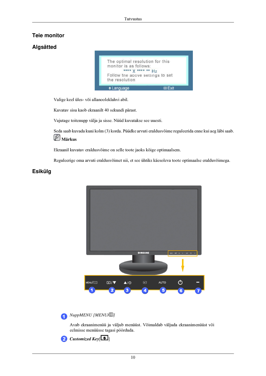 Samsung LS24MYNKBB/EDC manual Teie monitor Algsätted, Esikülg 