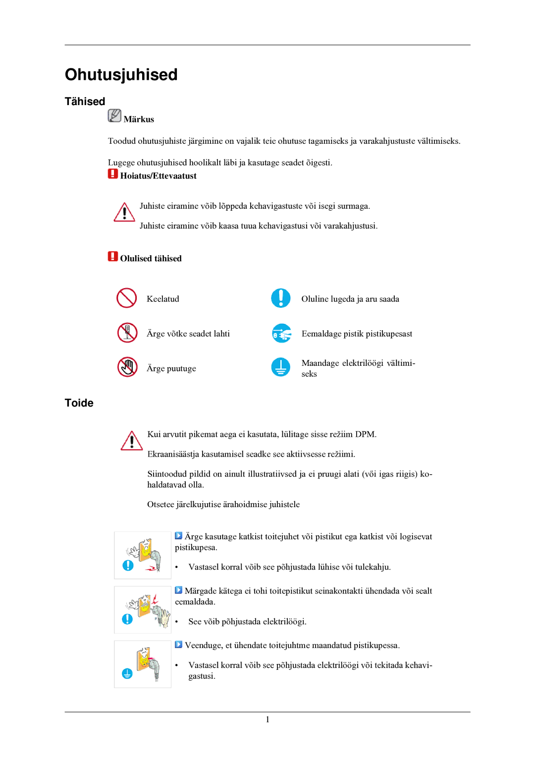 Samsung LS24MYNKBB/EDC manual Ohutusjuhised, Tähised, Toide 