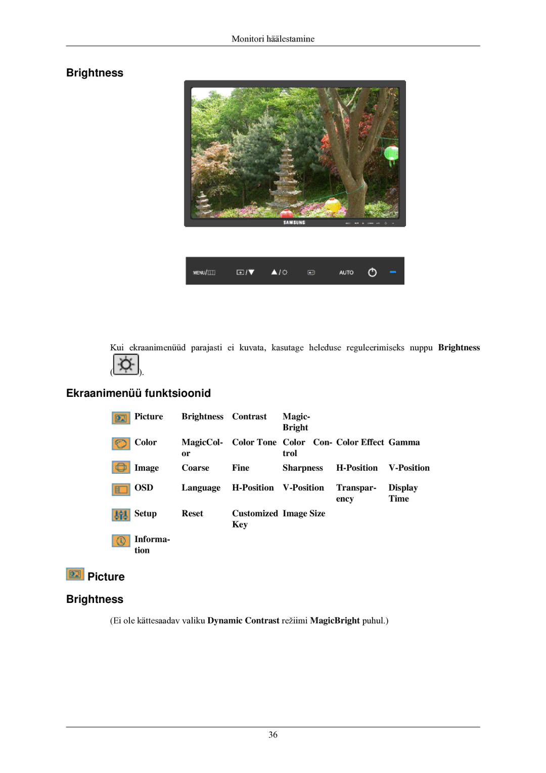Samsung LS24MYNKBB/EDC manual Ekraanimenüü funktsioonid, Picture Brightness 