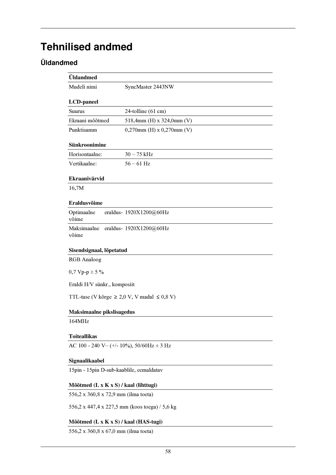 Samsung LS24MYNKBB/EDC manual Tehnilised andmed, Üldandmed 