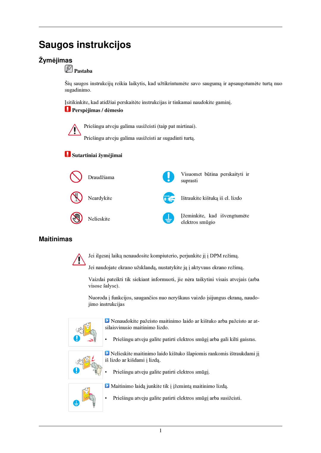 Samsung LS24MYNKBB/EDC manual Saugos instrukcijos, Žymėjimas, Maitinimas 