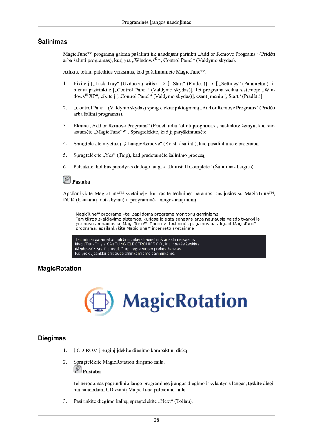 Samsung LS24MYNKBB/EDC manual Šalinimas, MagicRotation Diegimas 