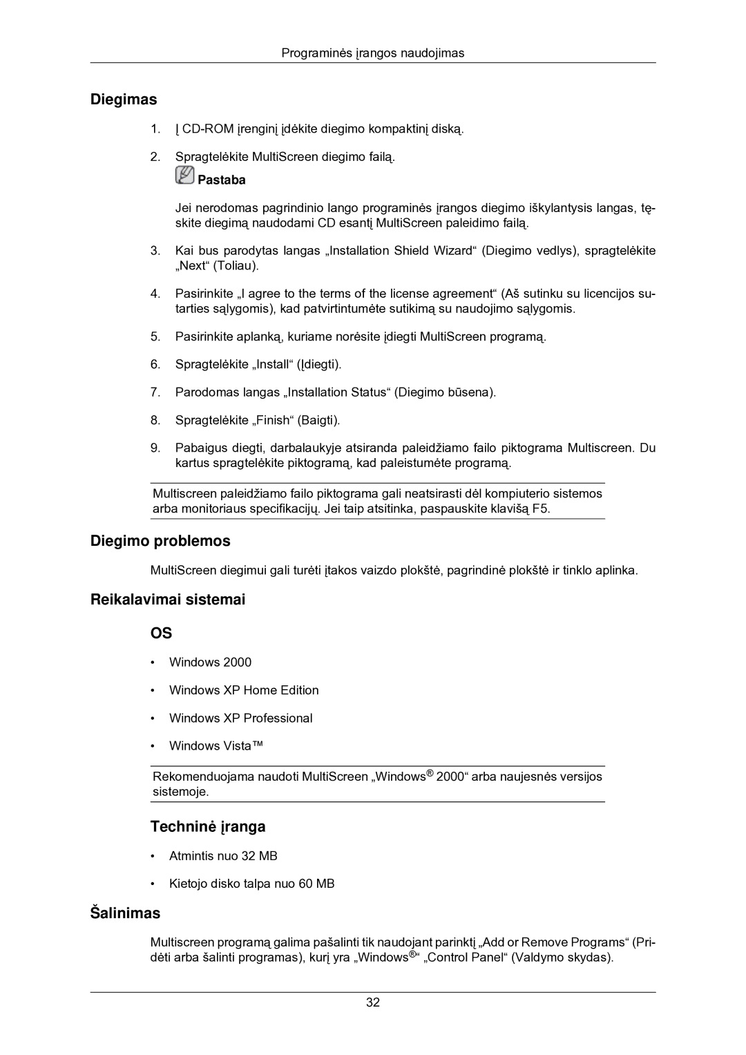 Samsung LS24MYNKBB/EDC manual Techninė įranga, Pastaba 