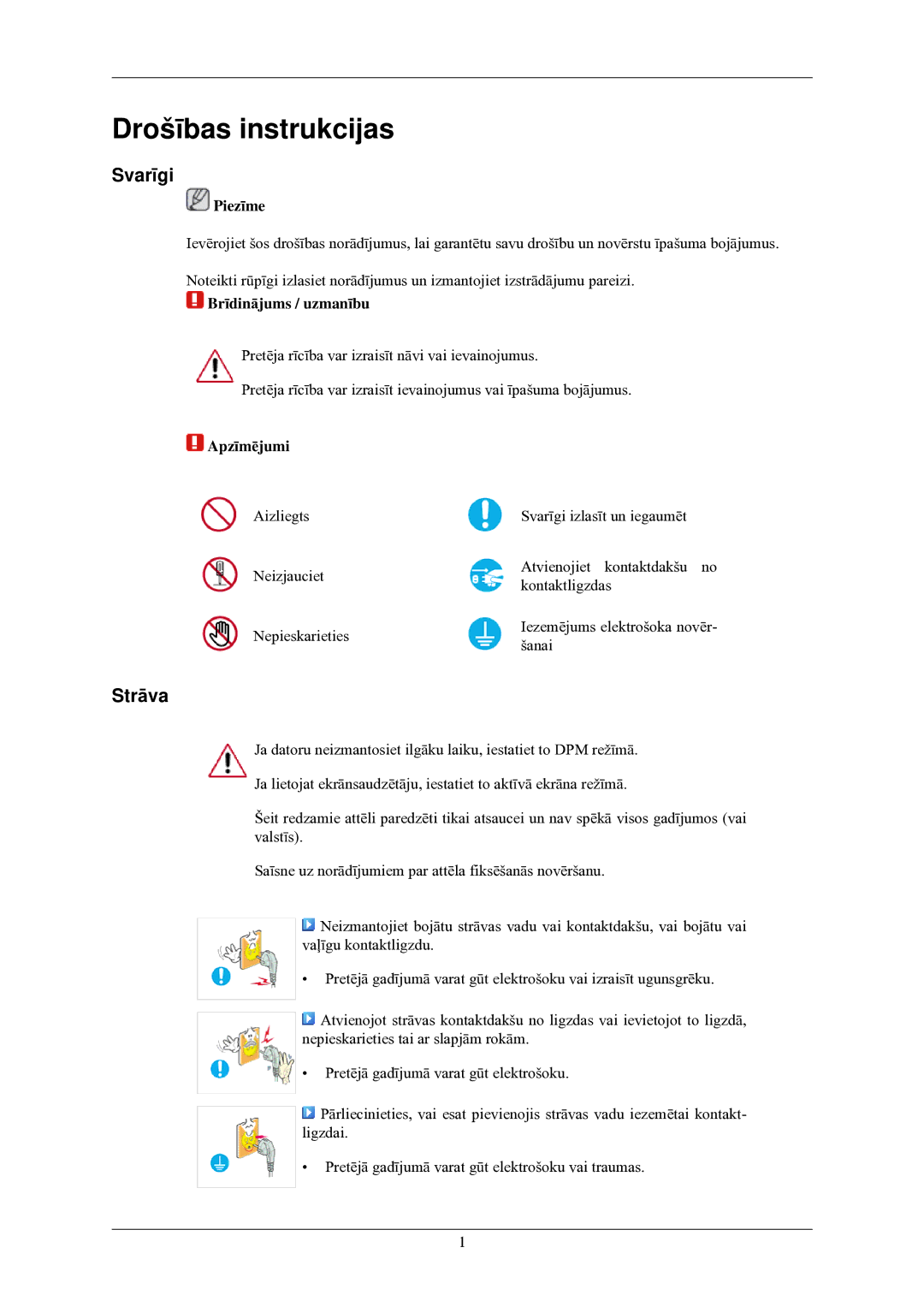 Samsung LS24MYNKBB/EDC manual Drošības instrukcijas, Svarīgi, Strāva 