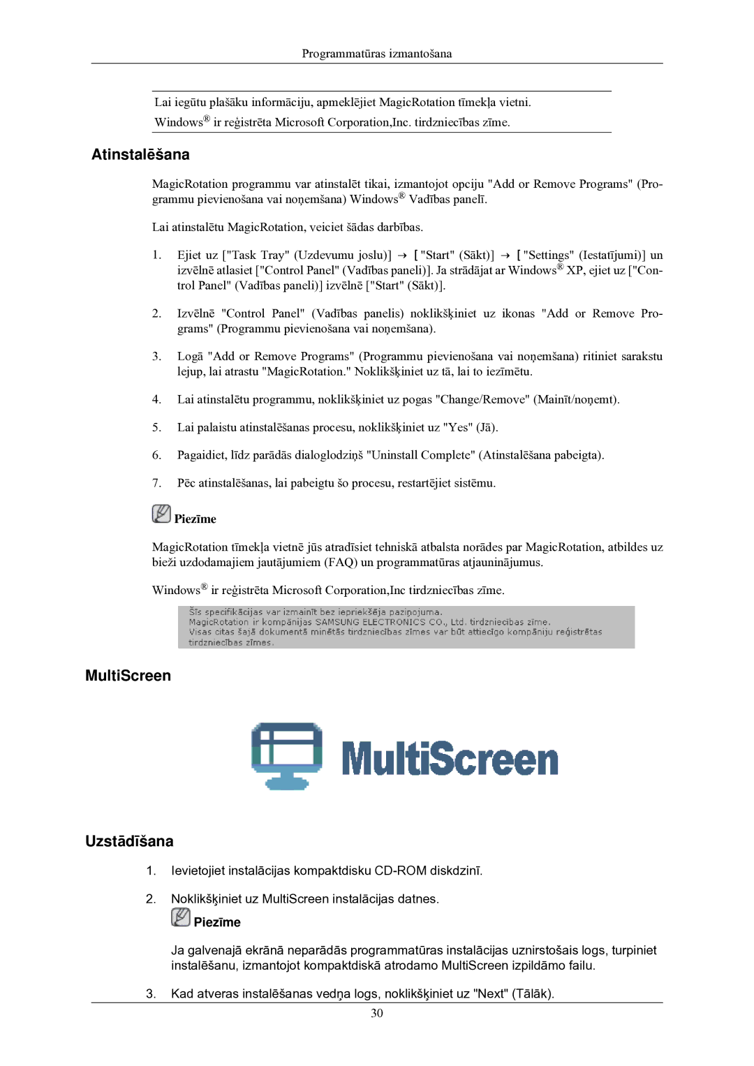 Samsung LS24MYNKBB/EDC manual MultiScreen Uzstādīšana, Piezīme 