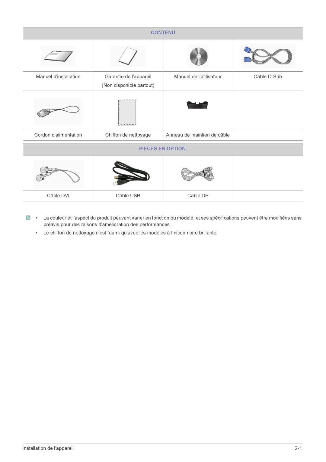 Samsung LS24MYPEBV/EN manual Contenu, Pièces EN Option 