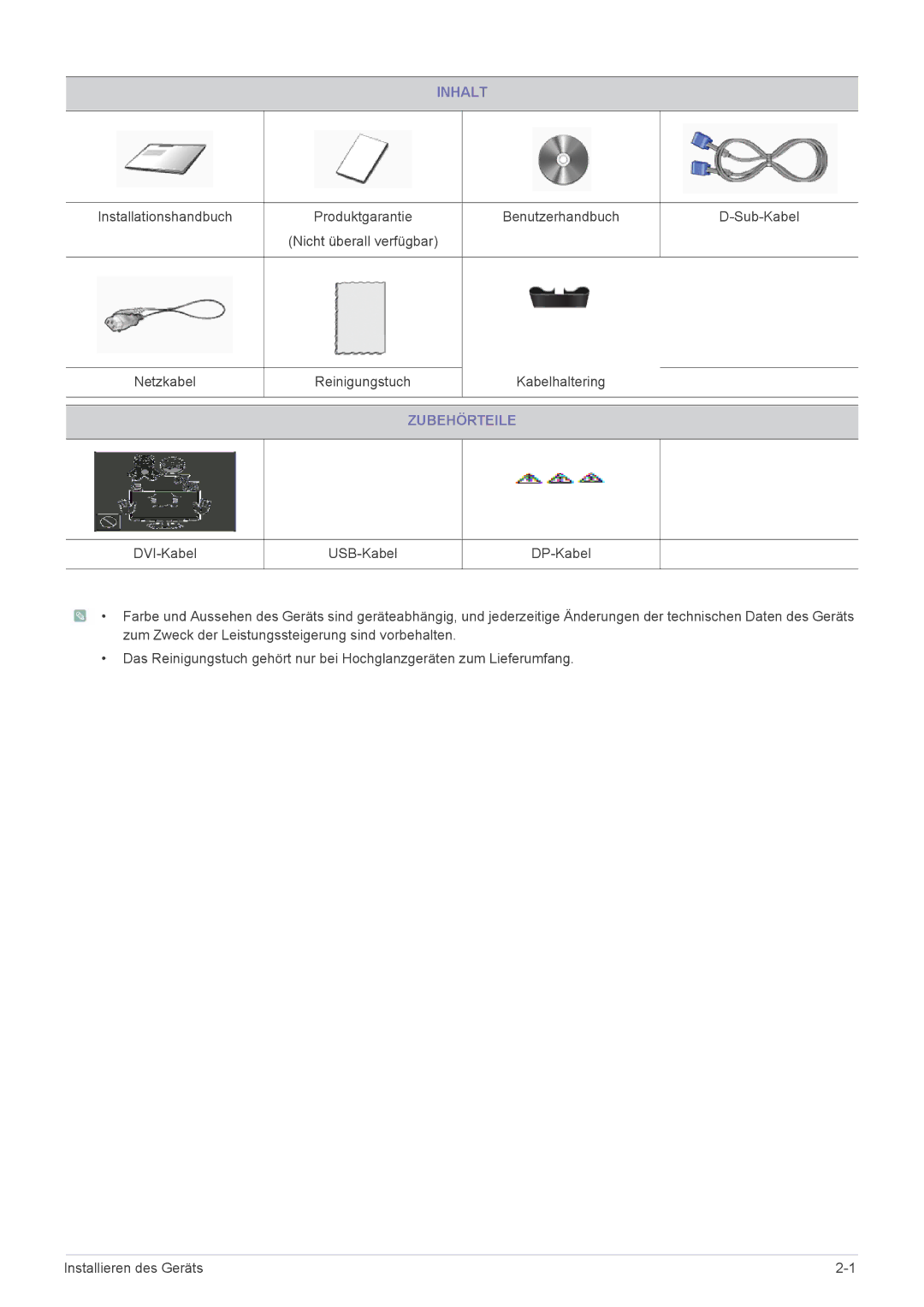 Samsung LS24MYPEBV/EN manual Inhalt, Zubehörteile 