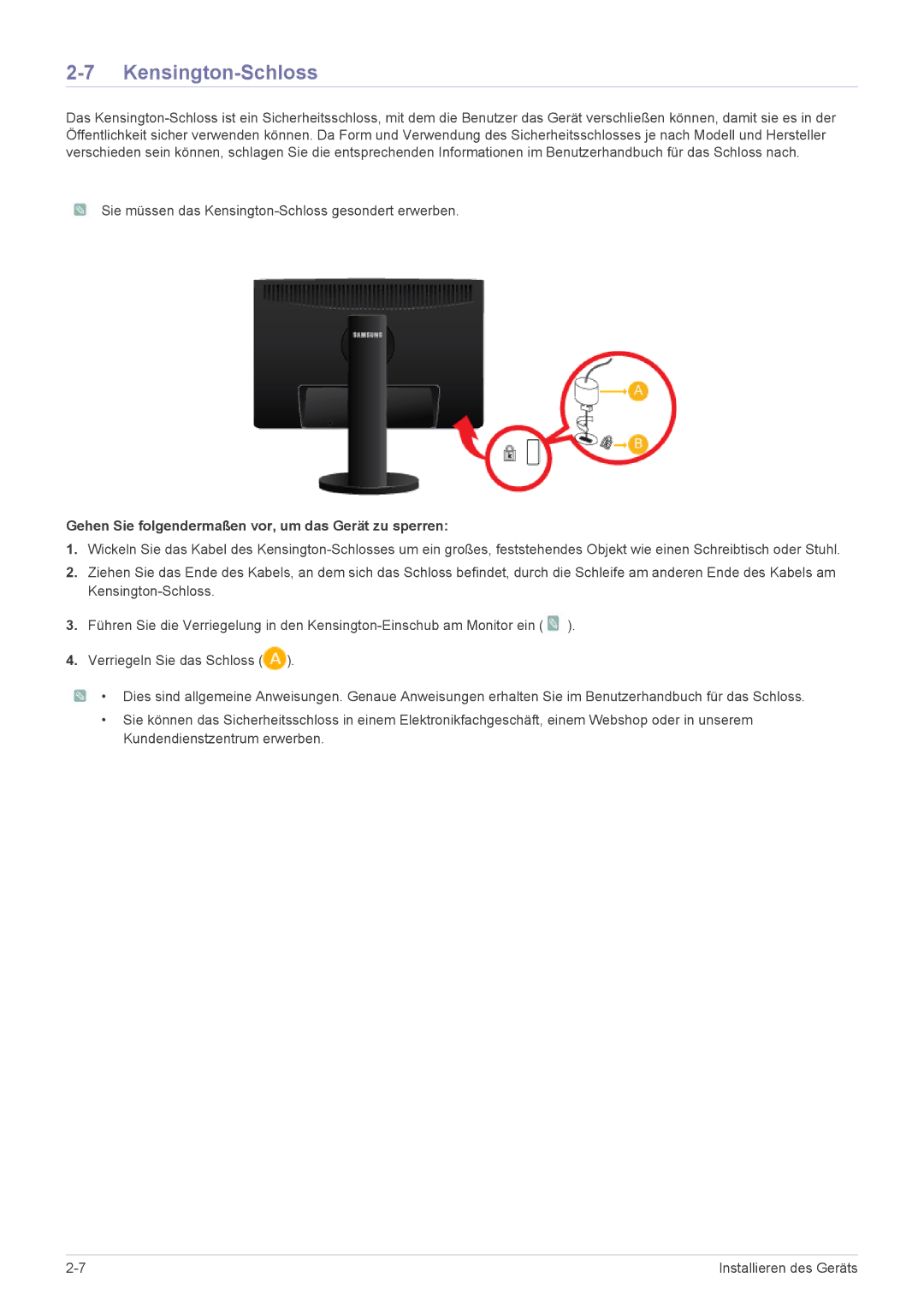 Samsung LS24MYPEBV/EN manual Kensington-Schloss, Gehen Sie folgendermaßen vor, um das Gerät zu sperren 