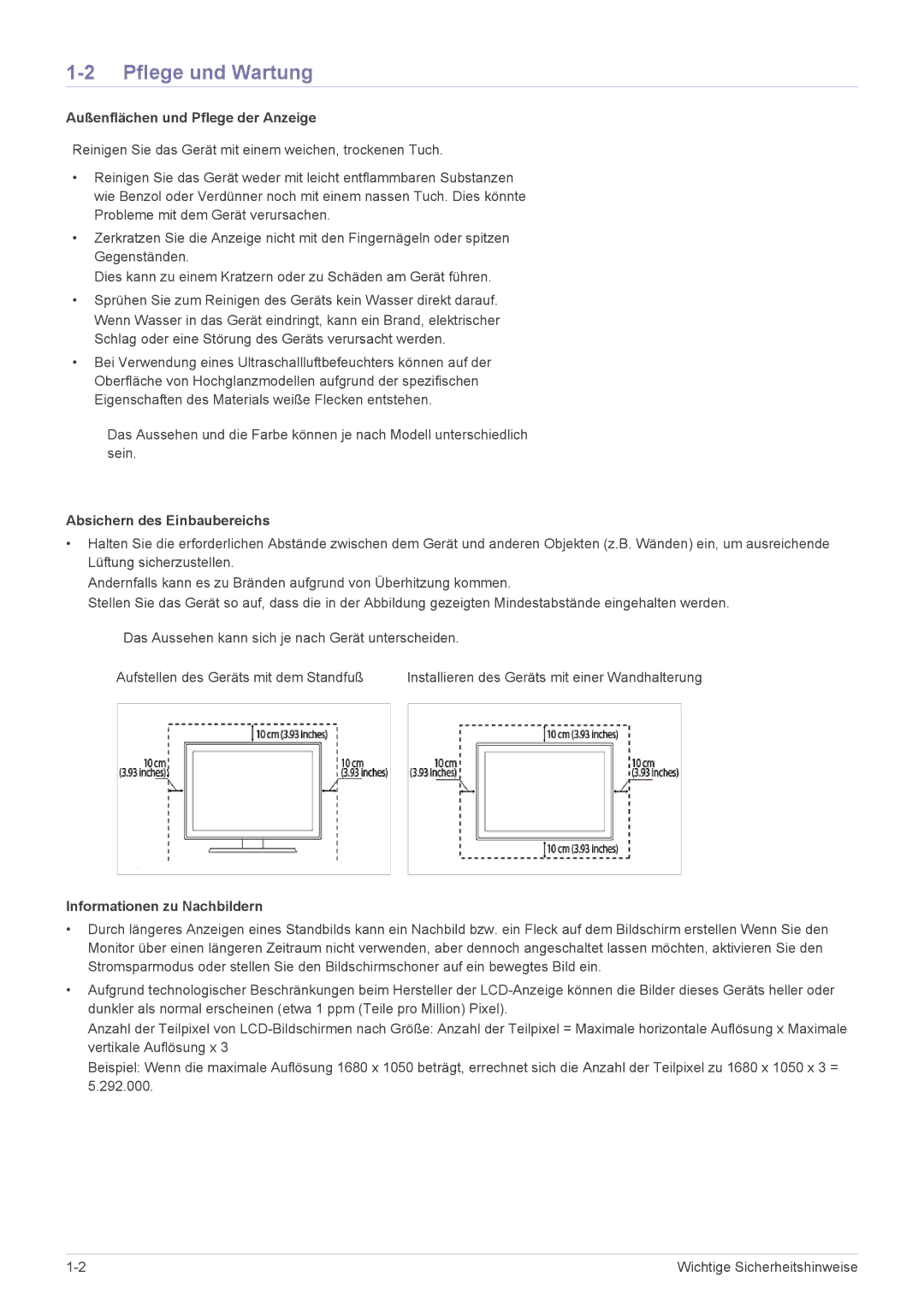 Samsung LS24MYPEBV/EN manual Pflege und Wartung, Außenflächen und Pflege der Anzeige, Absichern des Einbaubereichs 