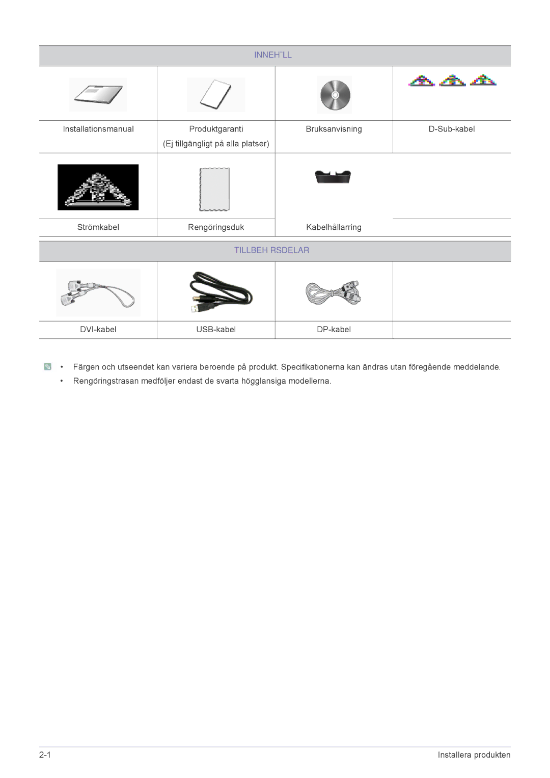 Samsung LS24MYPEBV/EN manual Innehåll, Tillbehörsdelar 