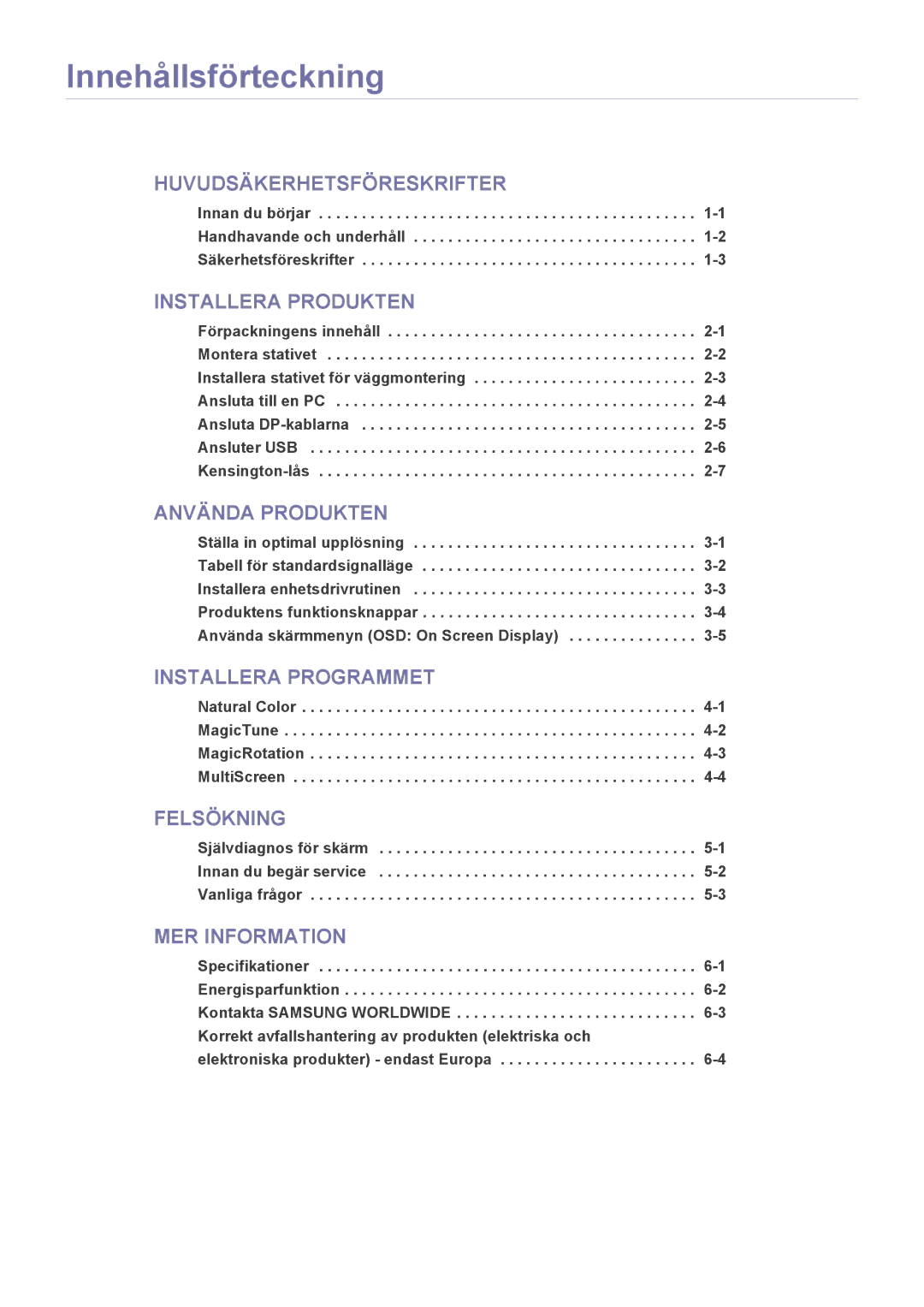 Samsung LS24MYPEBV/EN manual Innehållsförteckning, Installera Produkten 