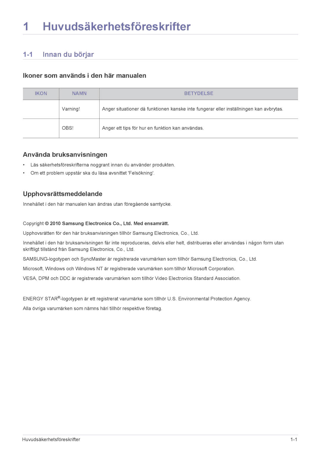 Samsung LS24MYPEBV/EN Huvudsäkerhetsföreskrifter, Innan du börjar, Ikoner som används i den här manualen 