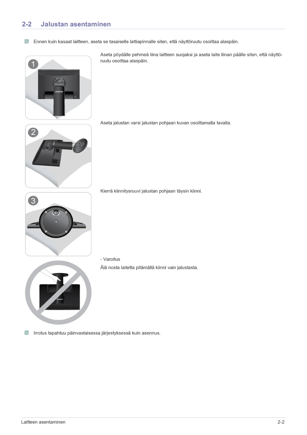 Samsung LS24MYPEBV/EN manual Jalustan asentaminen 