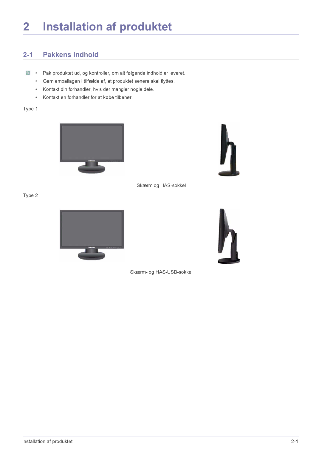 Samsung LS24MYPEBV/EN manual Installation af produktet, Pakkens indhold 