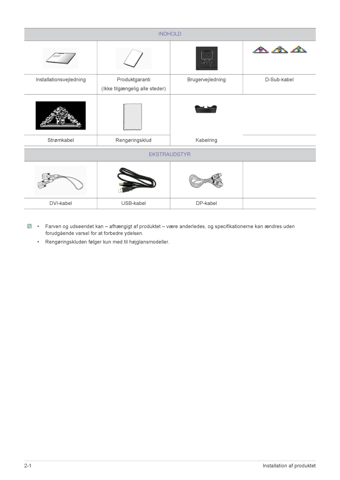 Samsung LS24MYPEBV/EN manual Indhold, Ekstraudstyr 