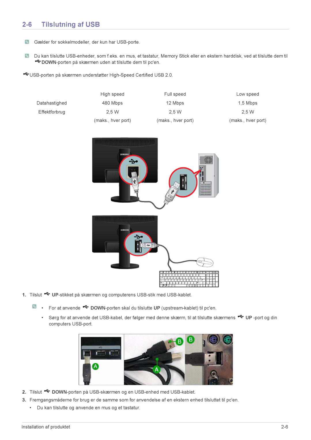 Samsung LS24MYPEBV/EN manual Tilslutning af USB 