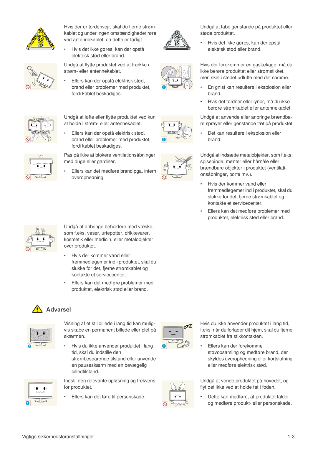 Samsung LS24MYPEBV/EN manual Vigtige sikkerhedsforanstaltninger 