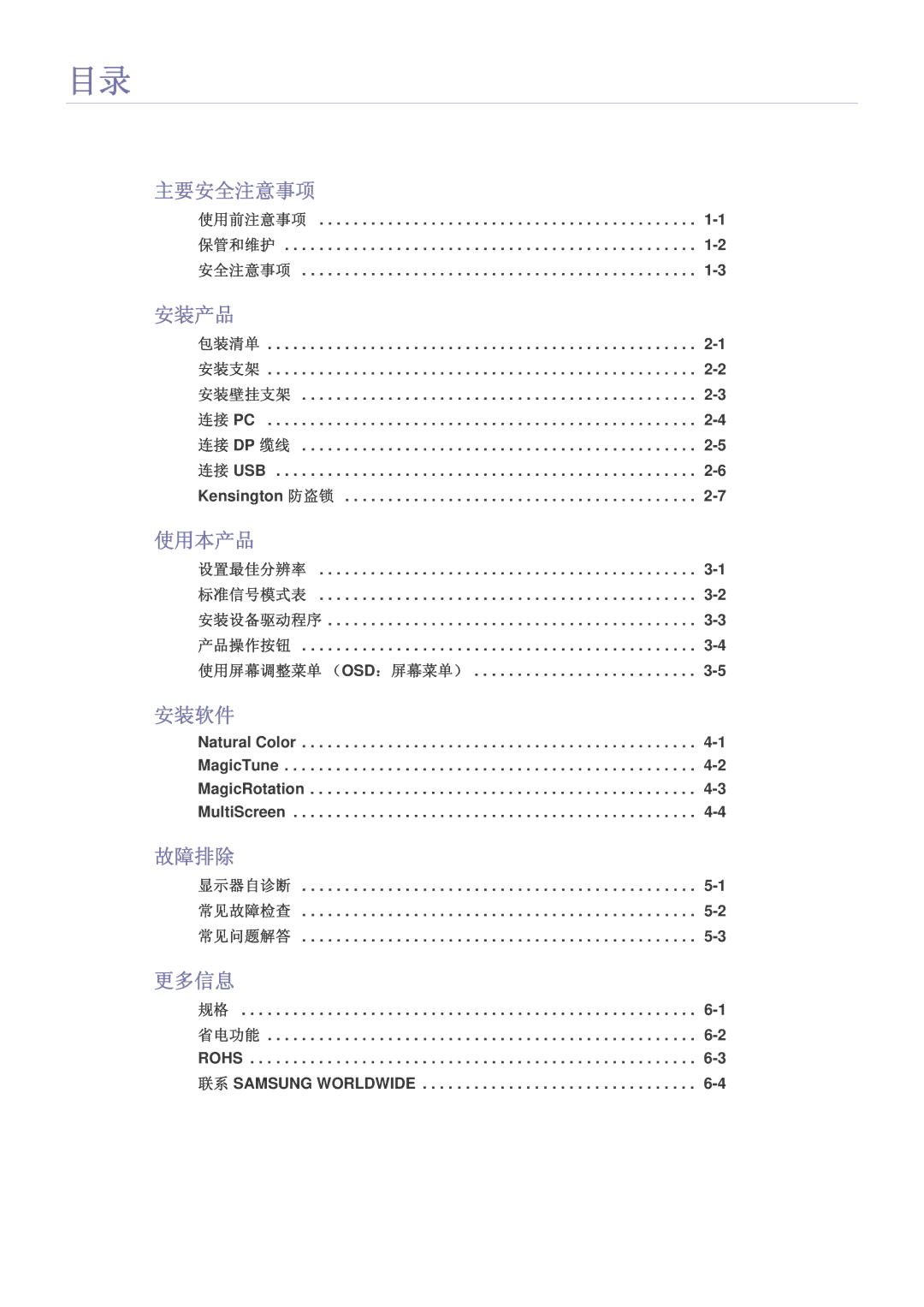 Samsung LS24MYPEBV/EN manual 主要安全注意事项, 安装产品, 使用本产品, 安装软件, 故障排除, 更多信息 