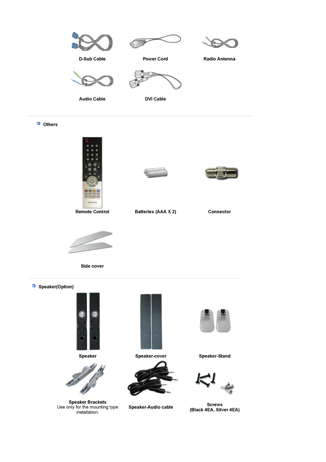 Samsung PO24FSSSS/EDC, LS24POFSSS/XSJ, PO24FSSS/EDC, PO24FSSBS Sub Cable, Audio Cable, Others Remote Control Batteries AAA X 