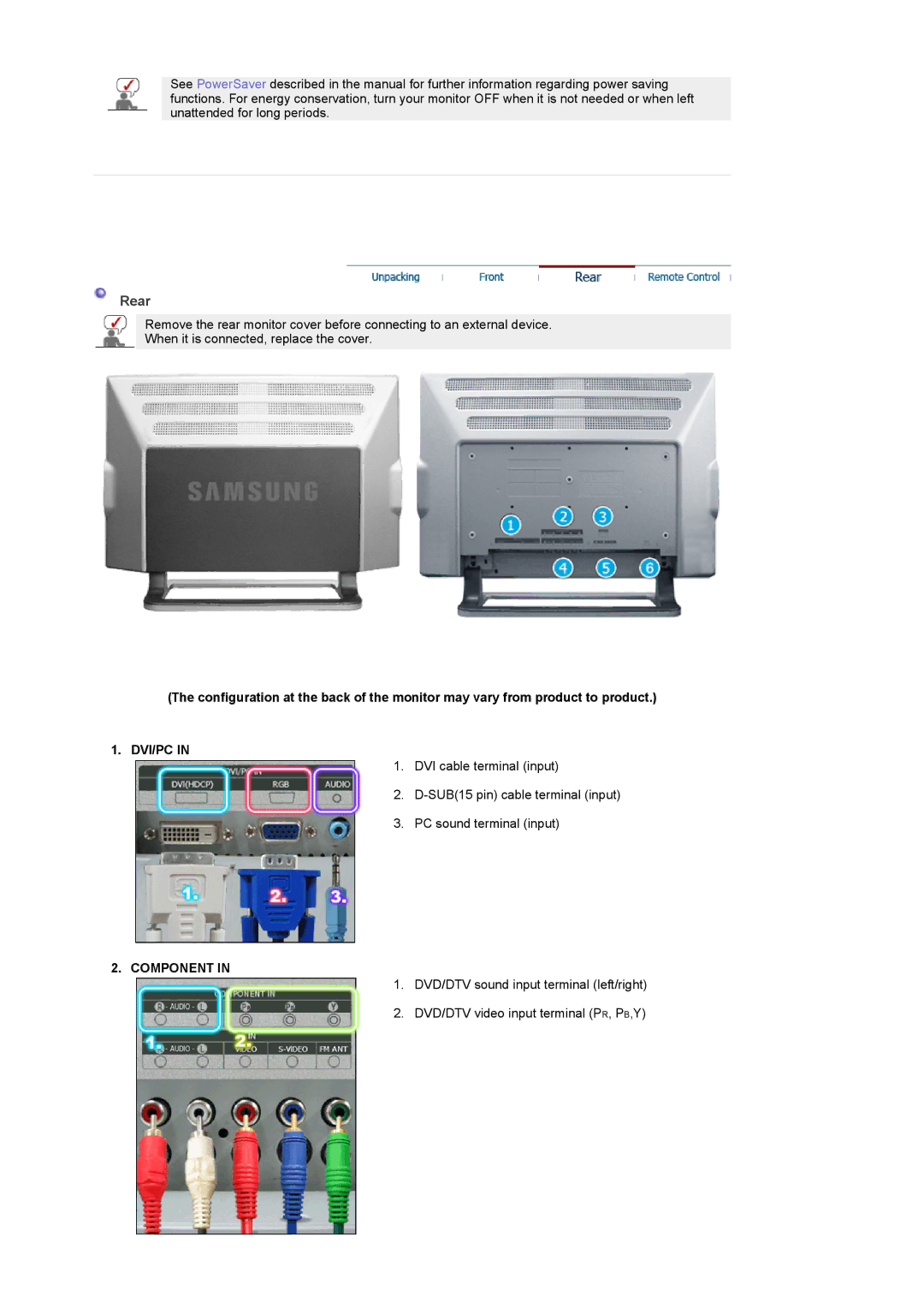 Samsung PO24FSSSS/MYA, LS24POFSSS/XSJ, PO24FSSS/EDC, PO24FSSSS/EDC, LG24POFSSS/EDC, LS24POFSSS/SAI Rear, Dvi/Pc, Component 