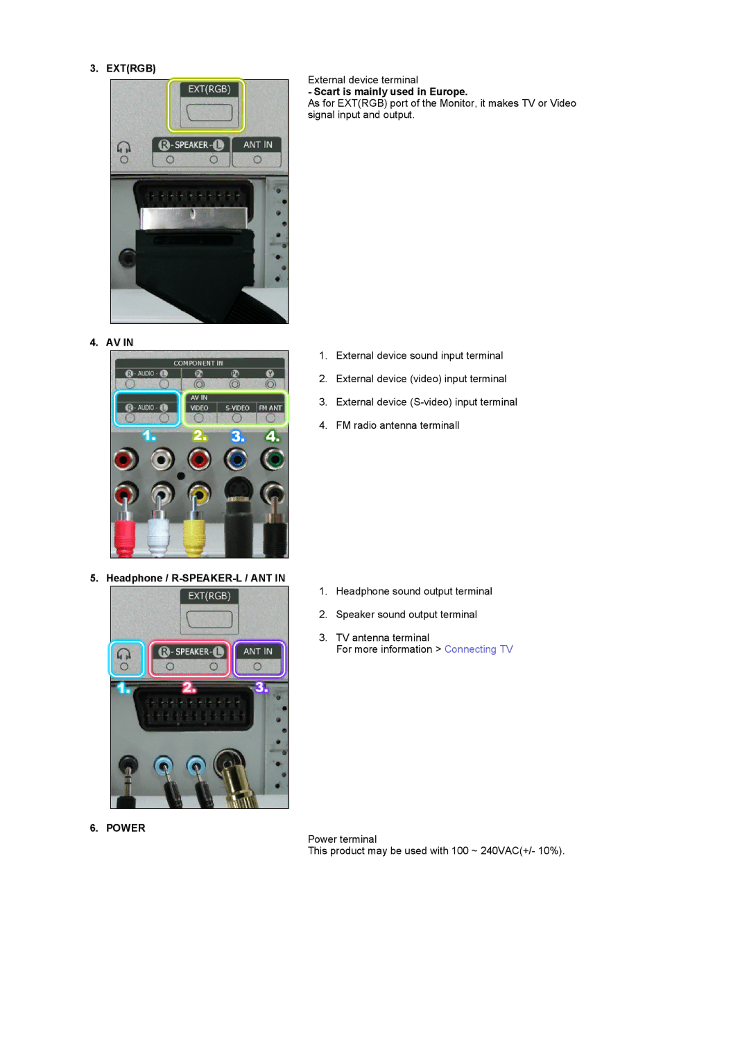 Samsung LS24POFSSS/SAI, LS24POFSSS/XSJ manual Extrgb, Scart is mainly used in Europe, Headphone / R-SPEAKER-L / ANT, Power 