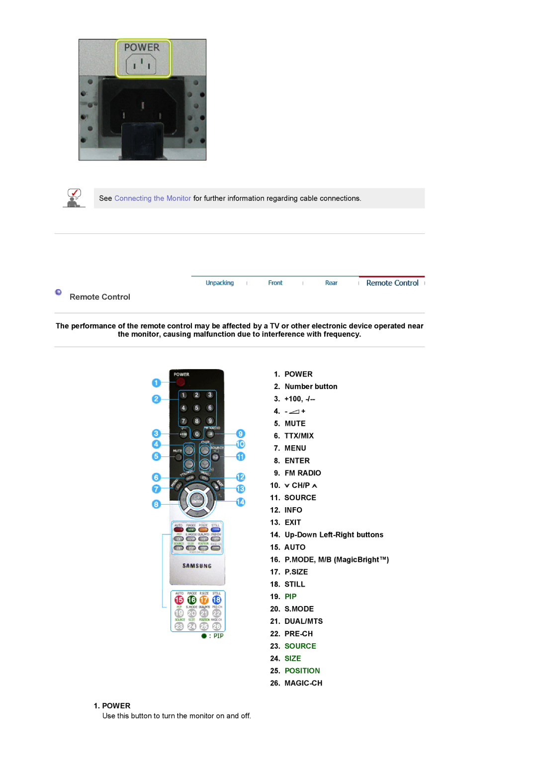 Samsung LS24POFSSS/XSG, LS24POFSSS/XSJ Remote Control, Mute TTX/MIX Menu Enter FM Radio, Still, Dual/Mts, MAGIC-CH Power 