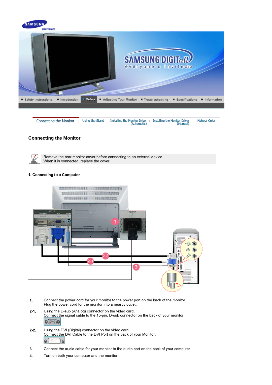 Samsung PO24FSSS/EDC, LS24POFSSS/XSJ, PO24FSSSS/EDC, LG24POFSSS/EDC manual Connecting the Monitor, Connecting to a Computer 