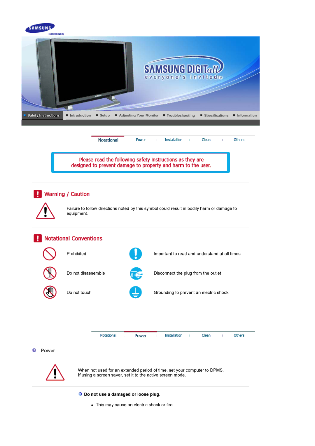 Samsung PO24FSSSS/EDC, LS24POFSSS/XSJ, PO24FSSS/EDC, LG24POFSSS/EDC, PO24FSSSS/MYA Power, Do not use a damaged or loose plug 