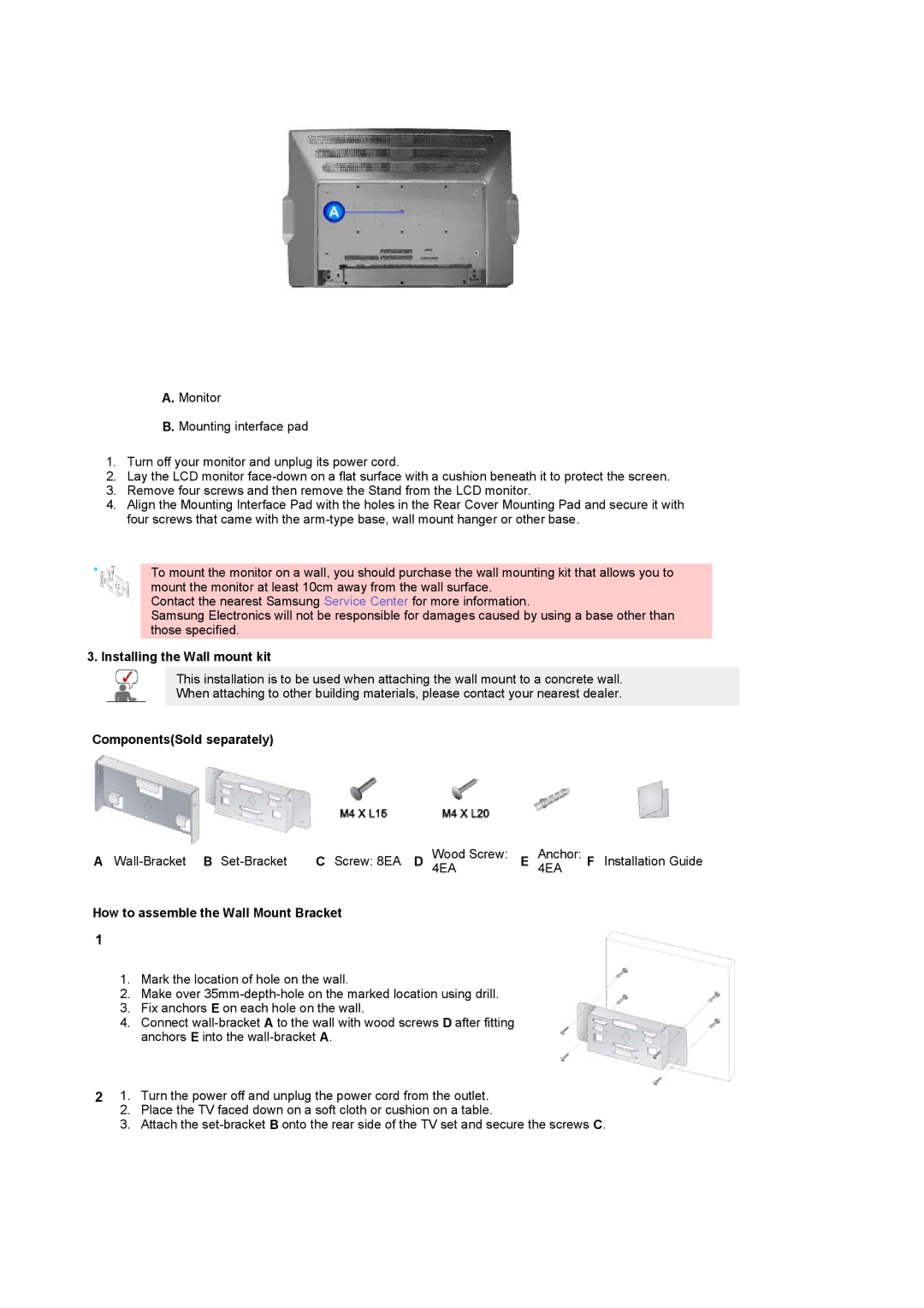 Samsung PO24FSSS/EDC Installing the Wall mount kit, ComponentsSold separately, How to assemble the Wall Mount Bracket 