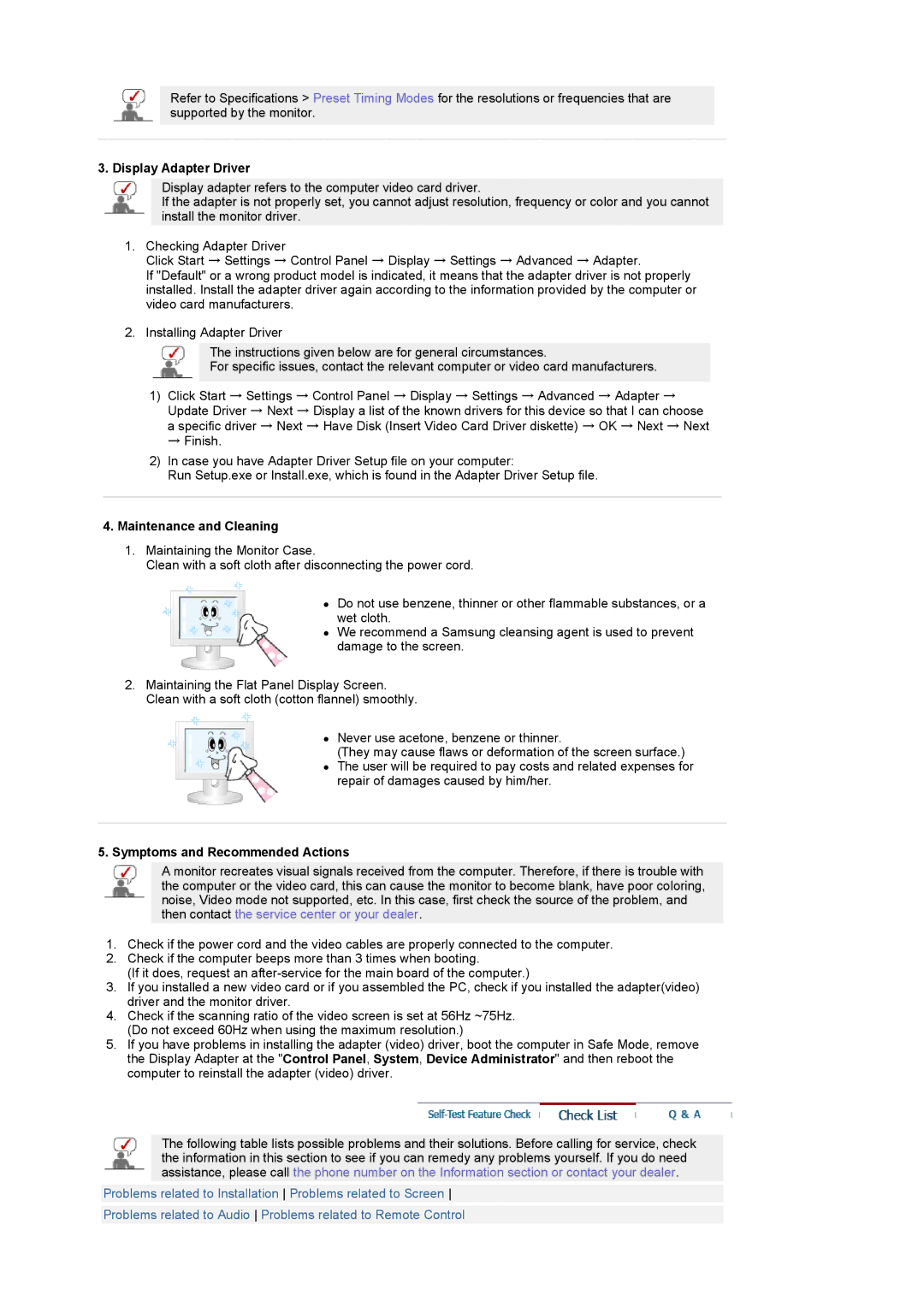 Samsung LG24POFSSS/EDC, LS24POFSSS/XSJ Display Adapter Driver, Maintenance and Cleaning, Symptoms and Recommended Actions 