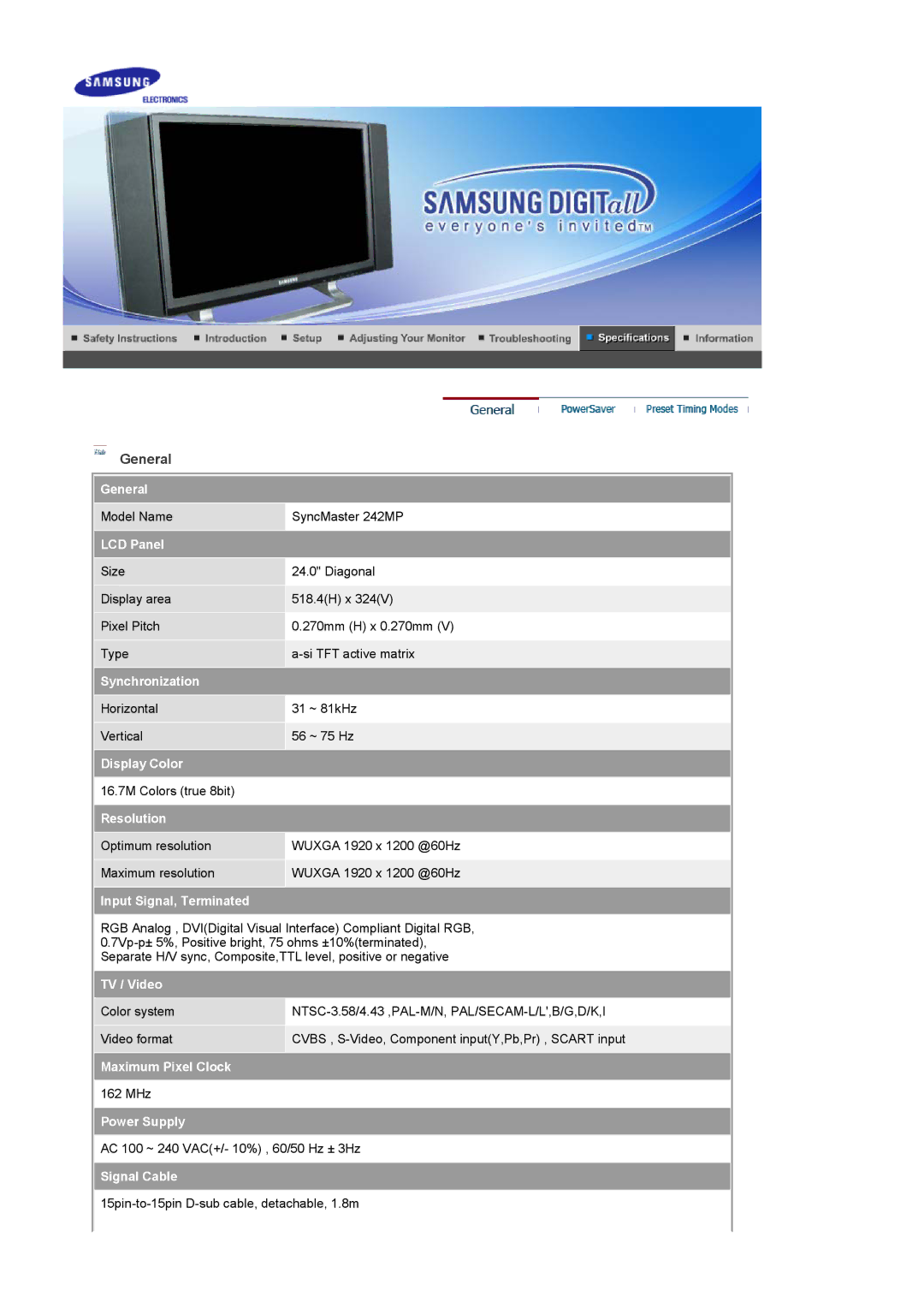 Samsung PO24FSSBS, LS24POFSSS/XSJ, PO24FSSS/EDC, PO24FSSSS/EDC, LG24POFSSS/EDC, PO24FSSSS/MYA manual General, LCD Panel 