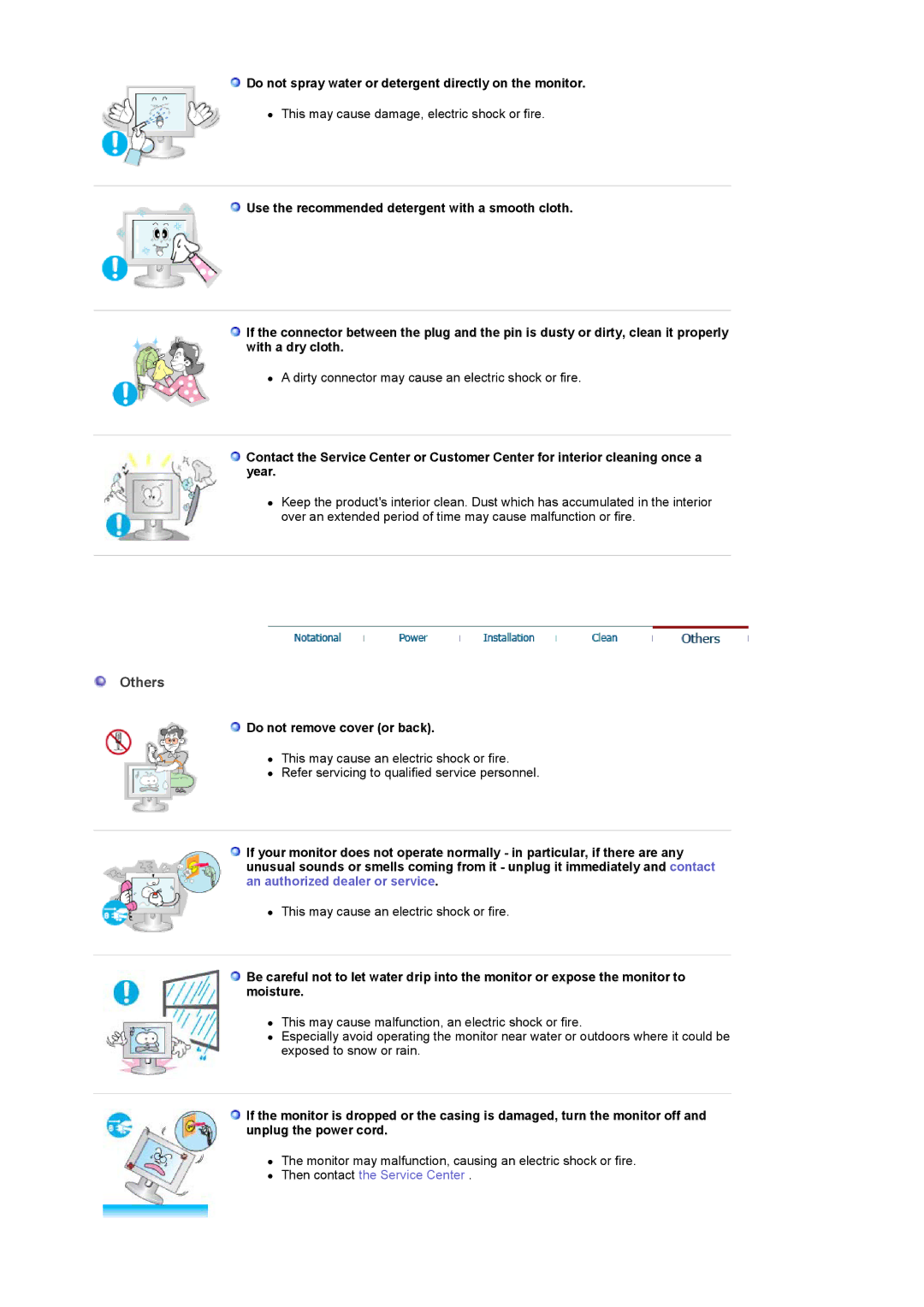 Samsung LS24POFSSS/SAI manual Others, Do not spray water or detergent directly on the monitor, Do not remove cover or back 