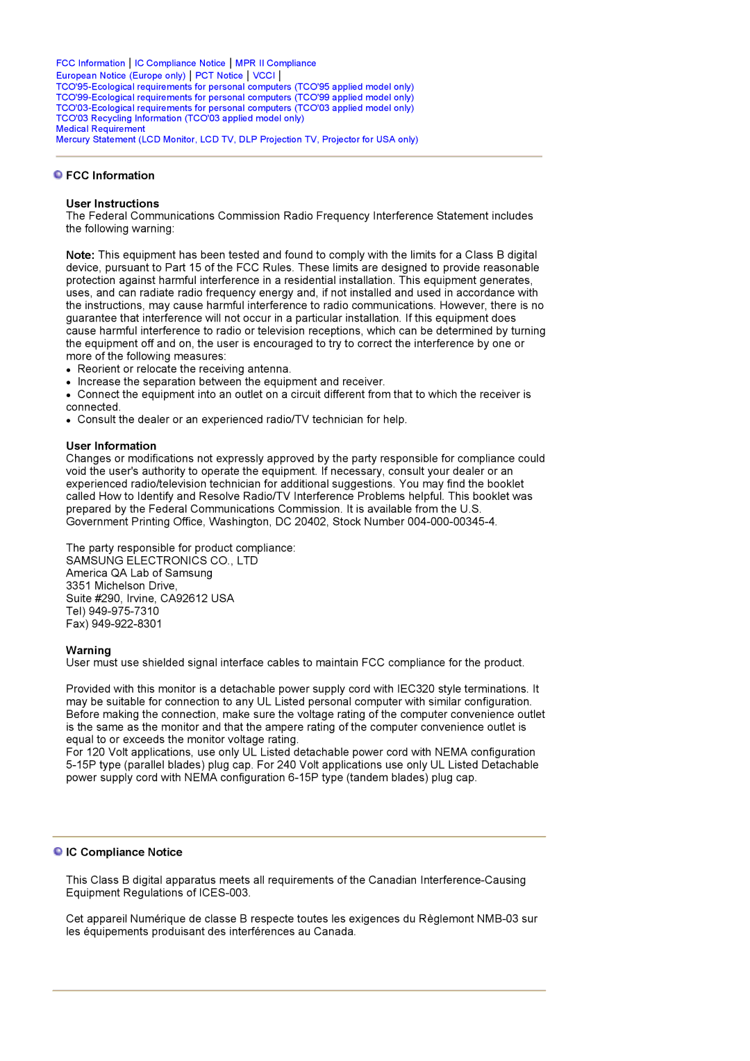 Samsung PO24FSSS/EDC, LS24POFSSS/XSJ, PO24FSSBS FCC Information User Instructions, User Information, IC Compliance Notice 