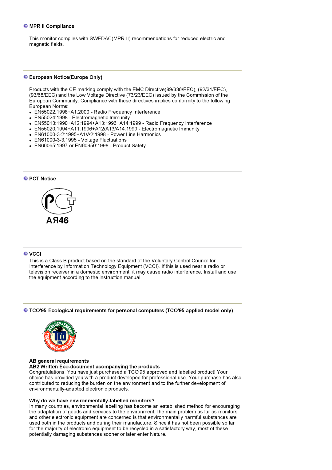 Samsung PO24FSSSS/EDC, LS24POFSSS/XSJ, PO24FSSS/EDC, PO24FSSSS/MYA MPR II Compliance, European NoticeEurope Only, PCT Notice 