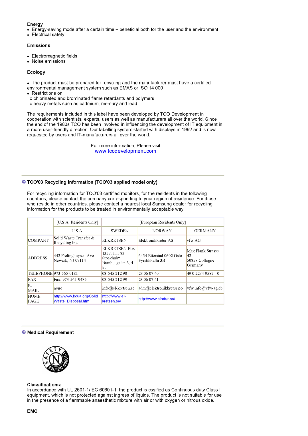 Samsung LS24POFSSS/XSG, LS24POFSSS/XSJ Energy, Emissions, Ecology, TCO03 Recycling Information TCO03 applied model only 