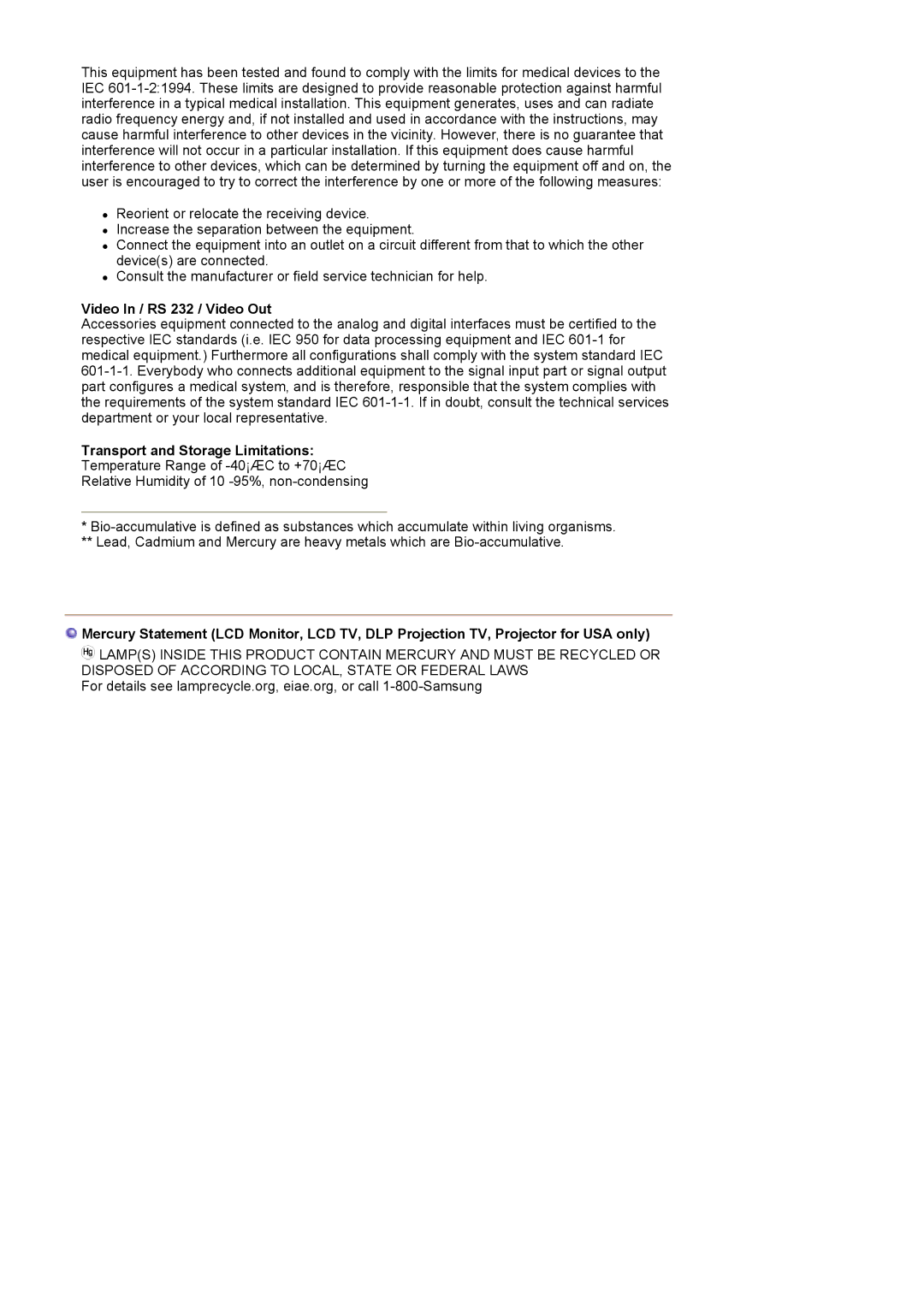 Samsung PO24FSSBS, LS24POFSSS/XSJ, PO24FSSS/EDC manual Video In / RS 232 / Video Out, Transport and Storage Limitations 