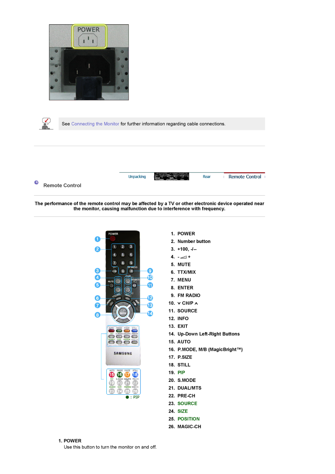 Samsung LS24POFSSS/XSG, LS24POFSSS/XSJ Remote Control, Mute TTX/MIX Menu Enter FM Radio, Still, Dual/Mts, MAGIC-CH Power 