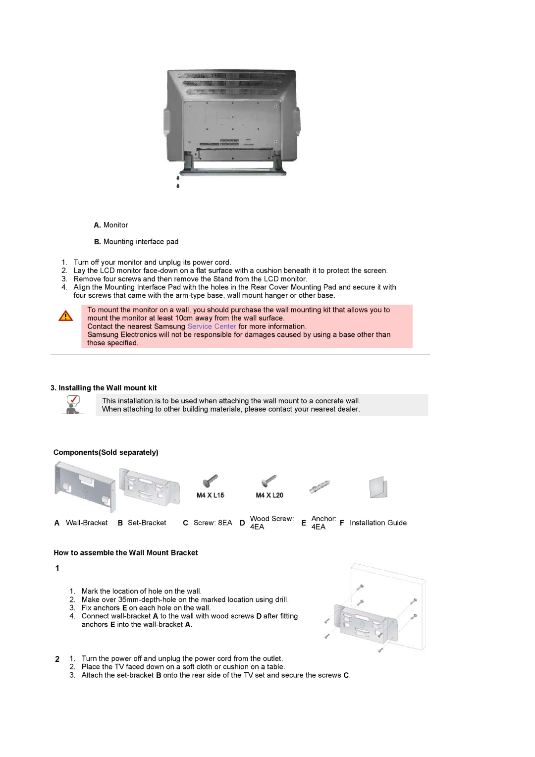 Samsung PO24FSSS/EDC Installing the Wall mount kit, ComponentsSold separately, How to assemble the Wall Mount Bracket 