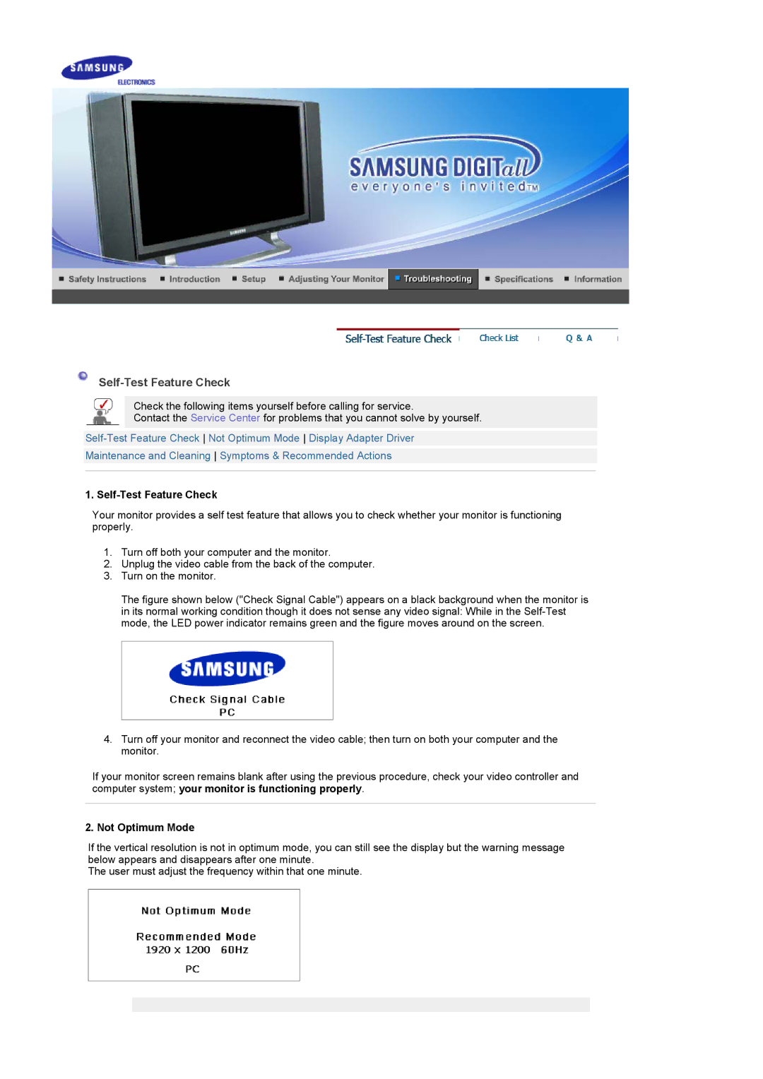 Samsung PO24FSSSS/EDC, LS24POFSSS/XSJ, PO24FSSS/EDC, LG24POFSSS/EDC, PO24FSSSS/MYA Self-Test Feature Check, Not Optimum Mode 