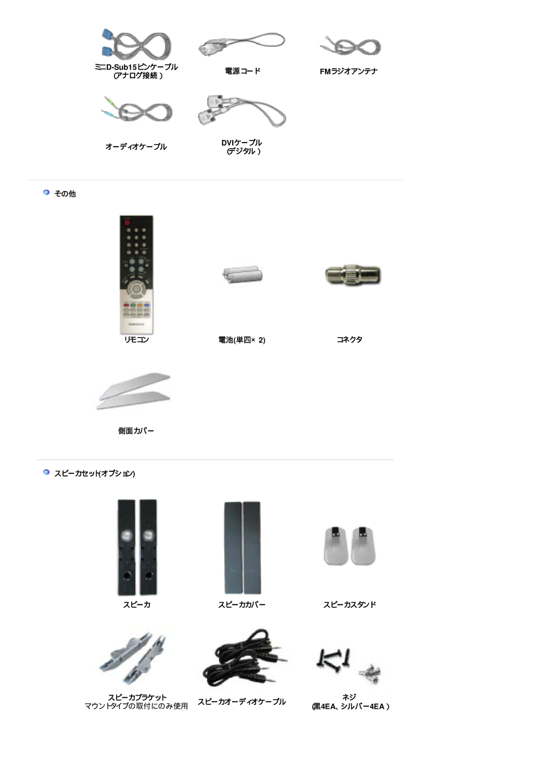 Samsung LS24POFSSS/XSJ manual 電源コード, オーディオケーブル, その他 リモコン電池単四×2コネクタ 側面カバー スピーカセットオプション スピーカ スピーカカバー 