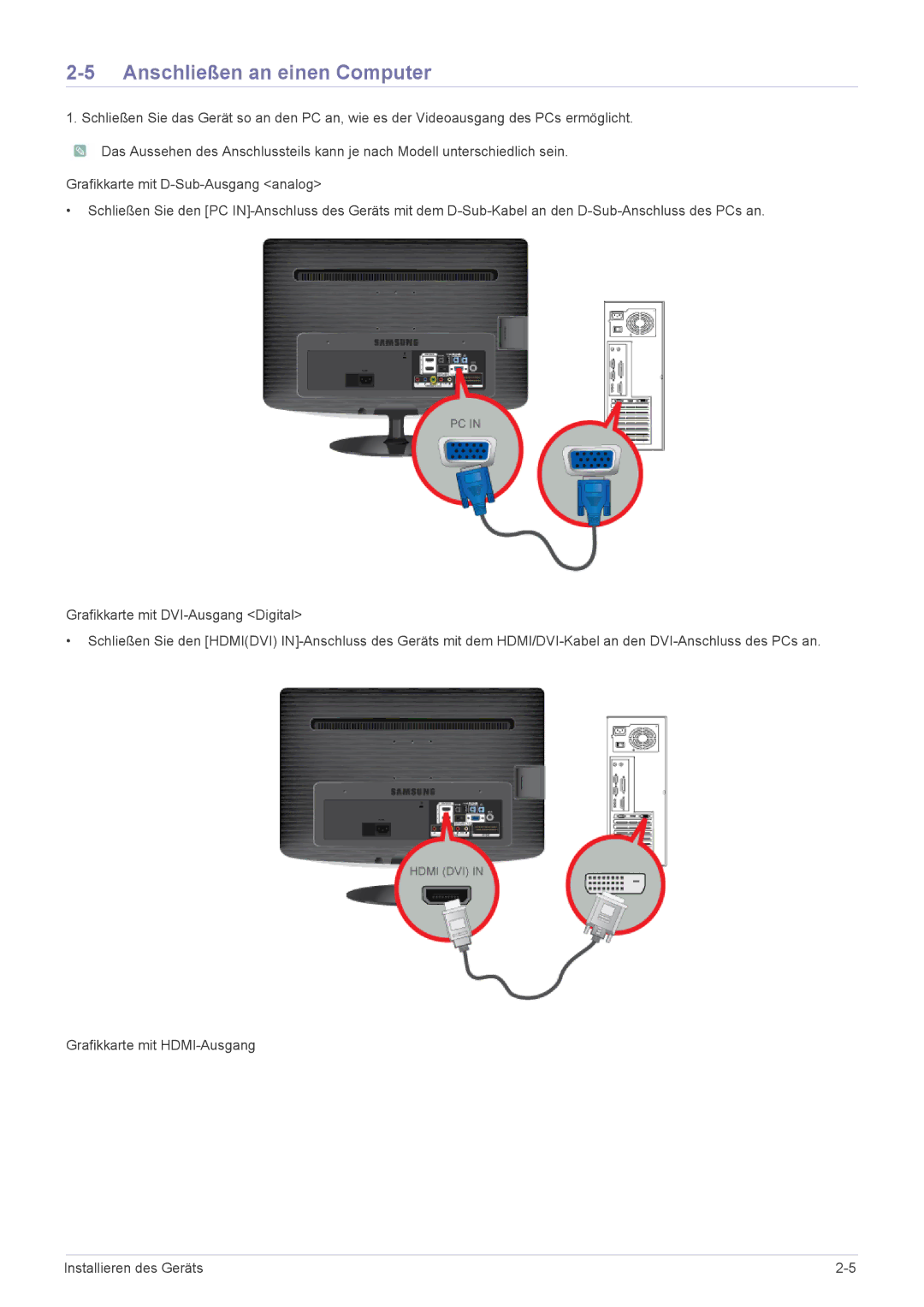 Samsung LS22PTDSF/EN, LS24PTDSF/EN, LS23PTDSF/EN, LS20PTDSF/EN manual Anschließen an einen Computer 