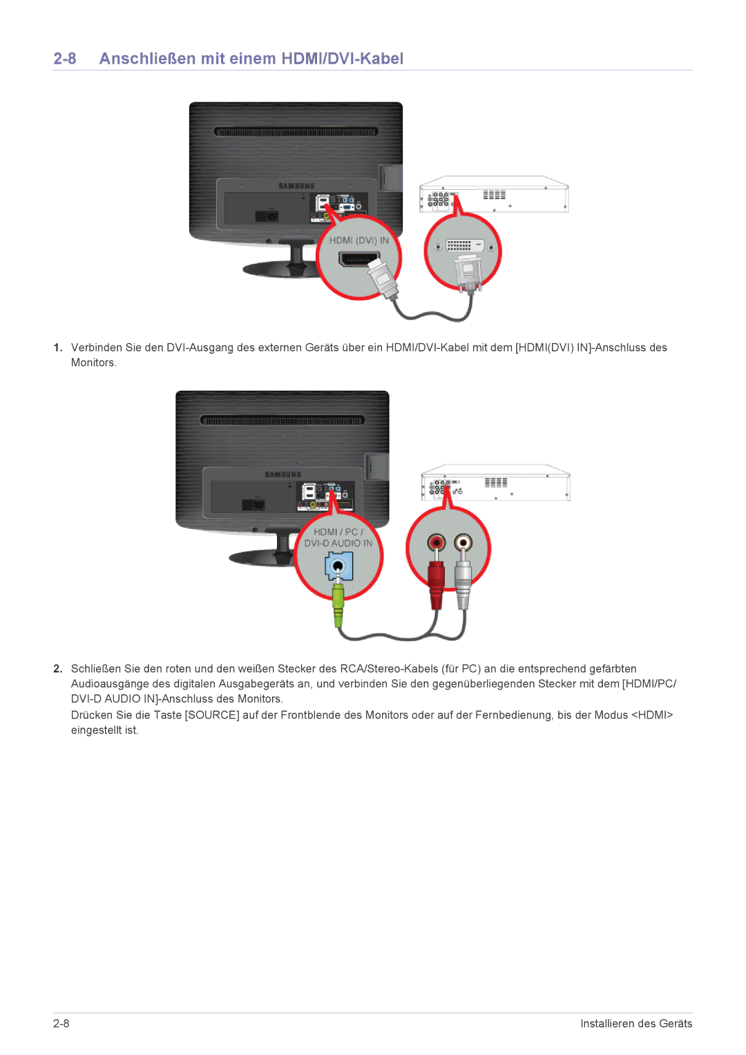 Samsung LS24PTDSF/EN, LS23PTDSF/EN, LS20PTDSF/EN, LS22PTDSF/EN manual Anschließen mit einem HDMI/DVI-Kabel 