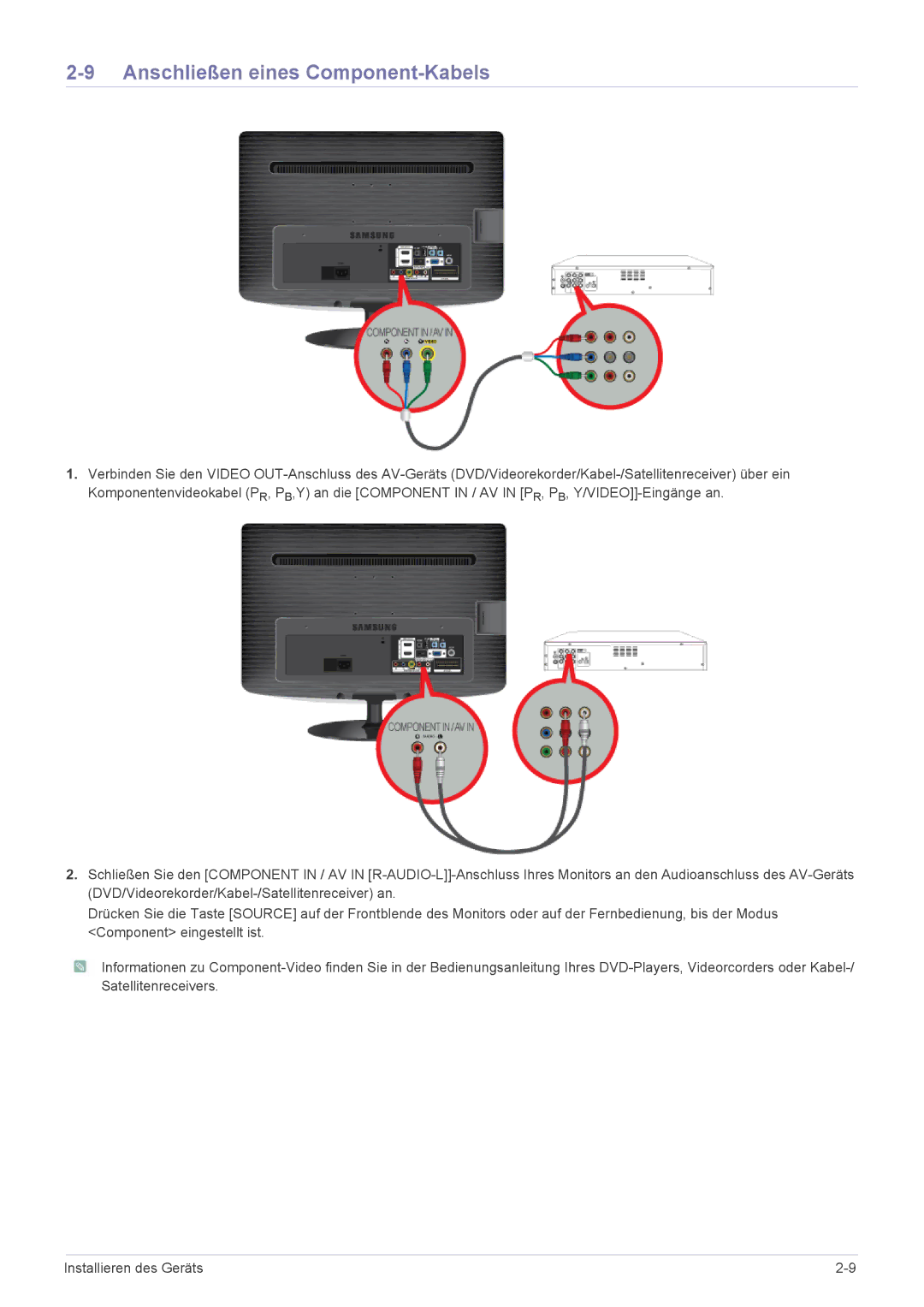 Samsung LS23PTDSF/EN, LS24PTDSF/EN, LS20PTDSF/EN, LS22PTDSF/EN manual Anschließen eines Component-Kabels 