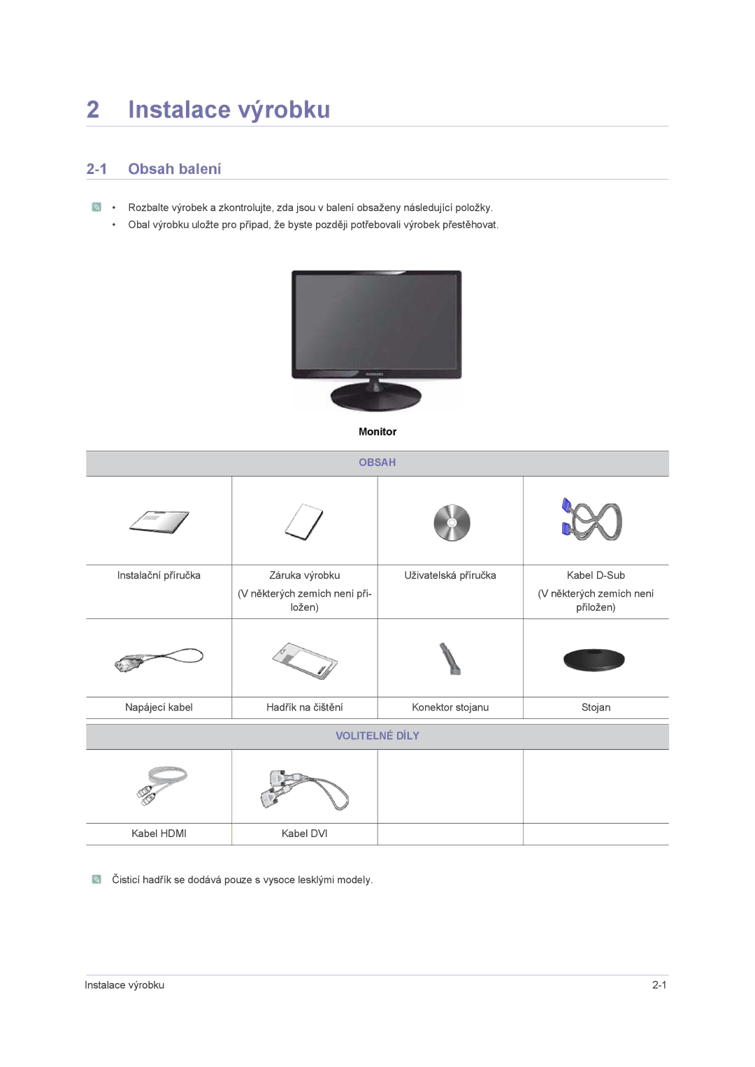 Samsung LS22PUHKF/EN, LS24PUHKFV/EN, LS22PUHKFV/ZW, LS23PUHKF/EN manual Instalace výrobku, Obsah balení, Volitelné Díly 