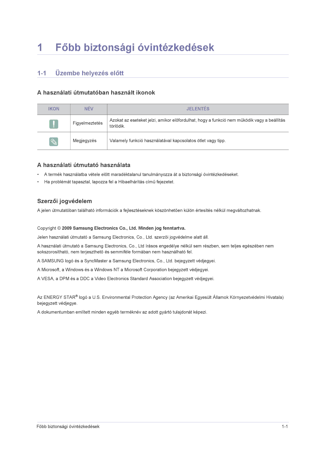 Samsung LS22PUHKFY/EN manual Főbb biztonsági óvintézkedések, Üzembe helyezés előtt, Használati útmutatóban használt ikonok 