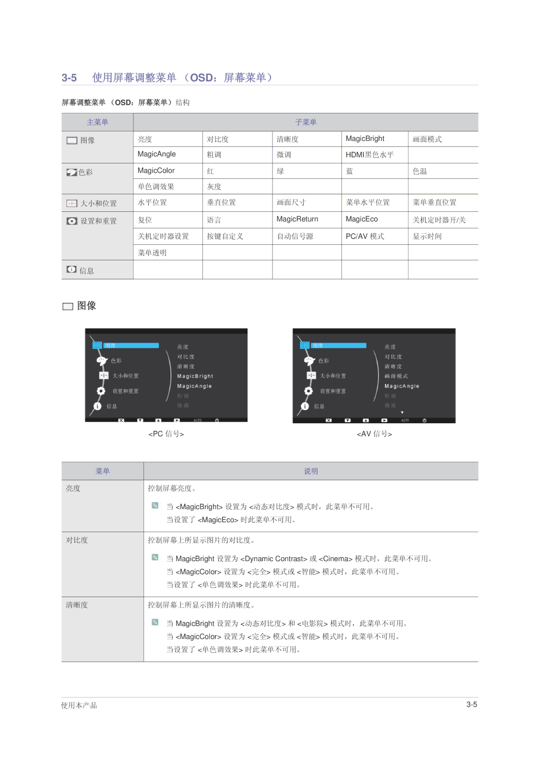 Samsung LS22PUHKF/EN, LS24PUHKFV/EN, LS22PUHKFV/ZW, LS23PUHKF/EN, LS22PUHKFY/EN, LS24PUHKF/EN 5使用屏幕调整菜单 （OSD：屏幕菜单）, 主菜单 子菜单 